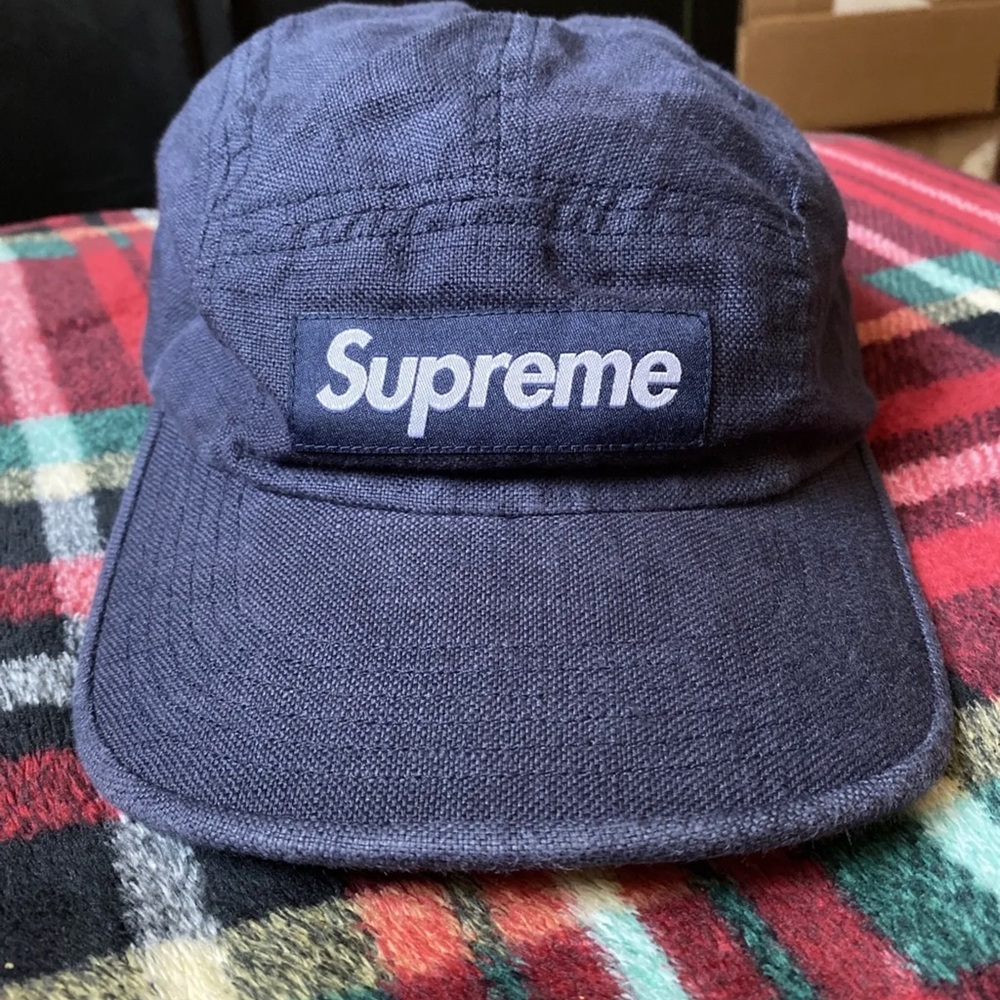 Supreme 100% Linen 5 panel Camp Hat Made In Italy Navy Blue 2021